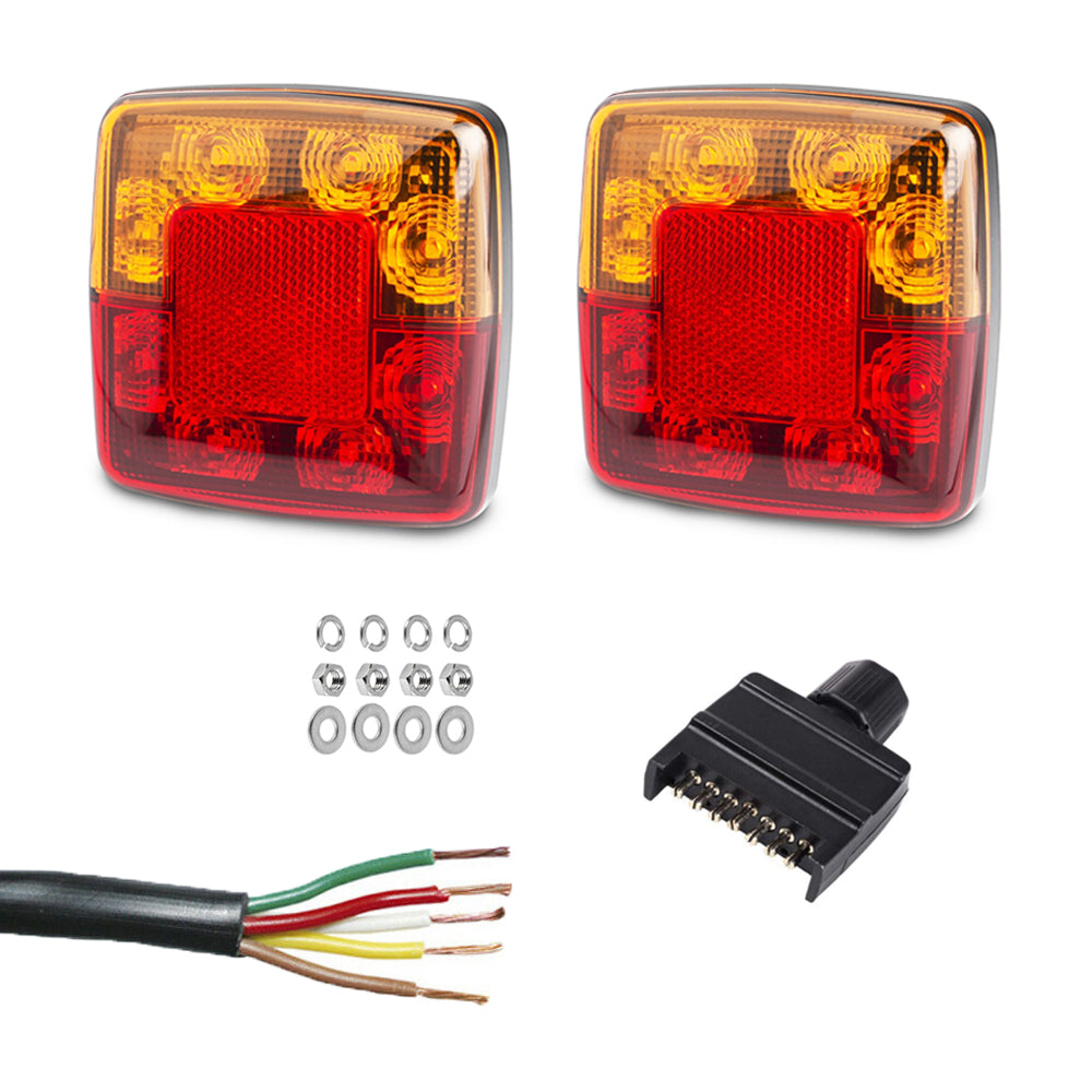 Pair Square Trailer Lights, 1 X Plug, 8M X 5 Core Wire Kit Rewire Comp