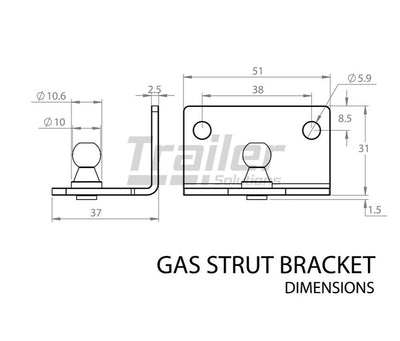 Gas Strut Bracket Right Angle Internal With 10mm Ball. Zinc Finish Brackets