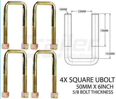 X4 U Bolt Ubolts Square 50mm X 6 inch 5/8 Trailer Camper Caravan Spring Axle