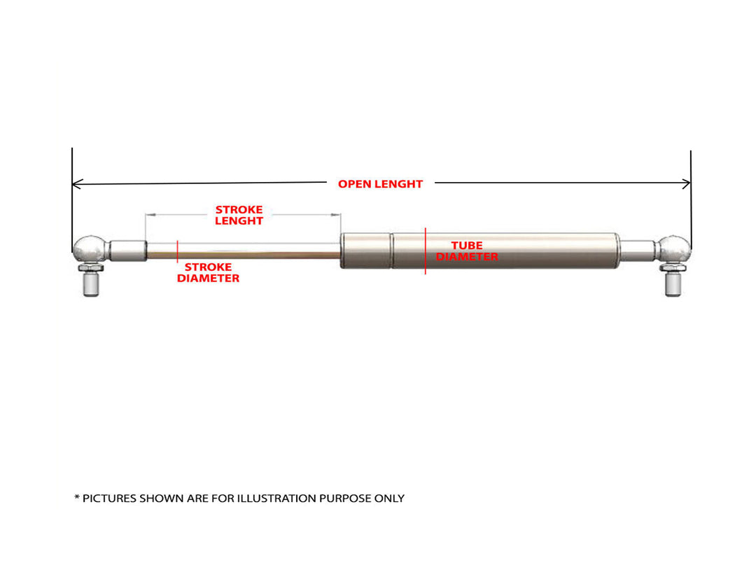 816mm Gas Strut - 200N Force, 10mm Shaft For Caravans, Trailers & Toolboxes