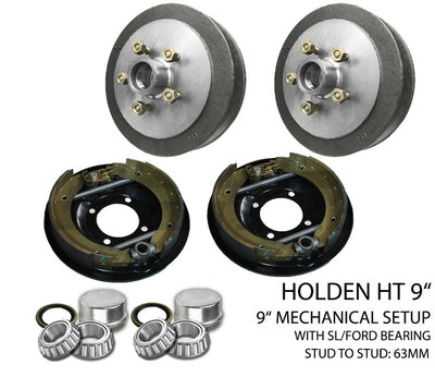 Pair 9 inch Mechanical Brake Kit & Pair 9 inch Trailer Hub Drum Suits 5 Stud HT Holden
