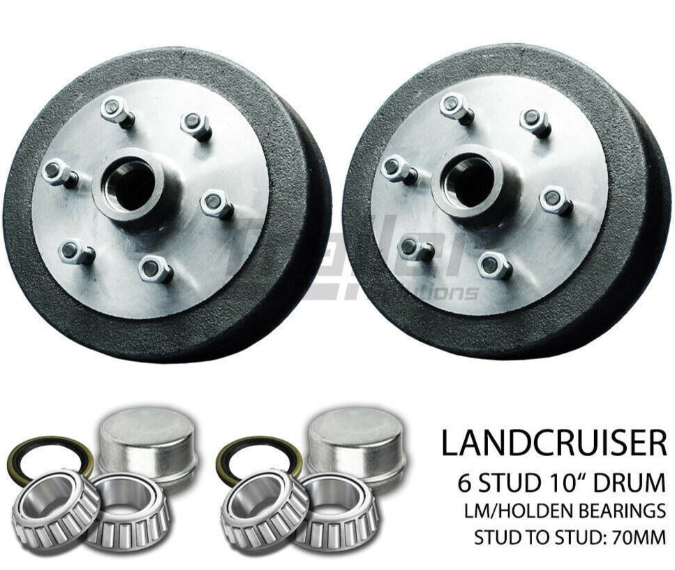 Pair 10 inch Hub Drum Suits Landcruiser 6 Stud | LM Bearings | Suit Electric Hydraulic Trailer