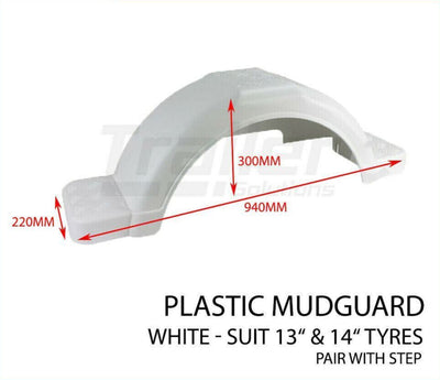 2X Trailer Mudguard White Plastic Pair Suit 13 inch /14 inchWheels Boat Caravan Atv