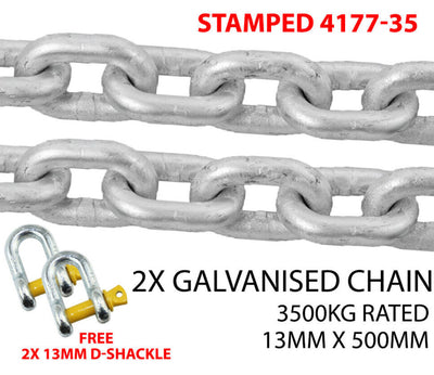 2X 13mm Trailer Chain & 13mm D Shackle Rated 3500Kg Adr Approved Camper Caravan