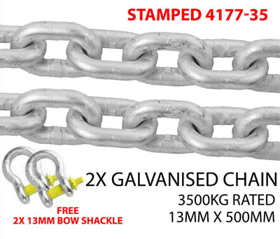 2X 13mm Trailer Chain 13mm Bow Shackle Rated 3500Kg Adr Approved Camper Caravan
