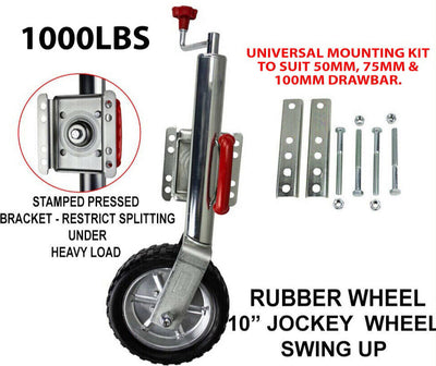 10 inch Jockey Wheel Swing Up Solid Wheel 1000Lbs Caravan Boat Trailer W/ Bolts