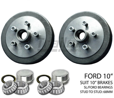 Pair Trailer 10 inch Hub Drum With SL Bearings Suit Electric Hydraulic For Ford