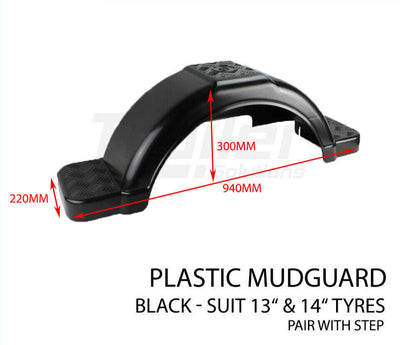 2X Black Plastic Trailer Mudguard With Mudflap 13 inch 14 inch Wheel - Australian Made