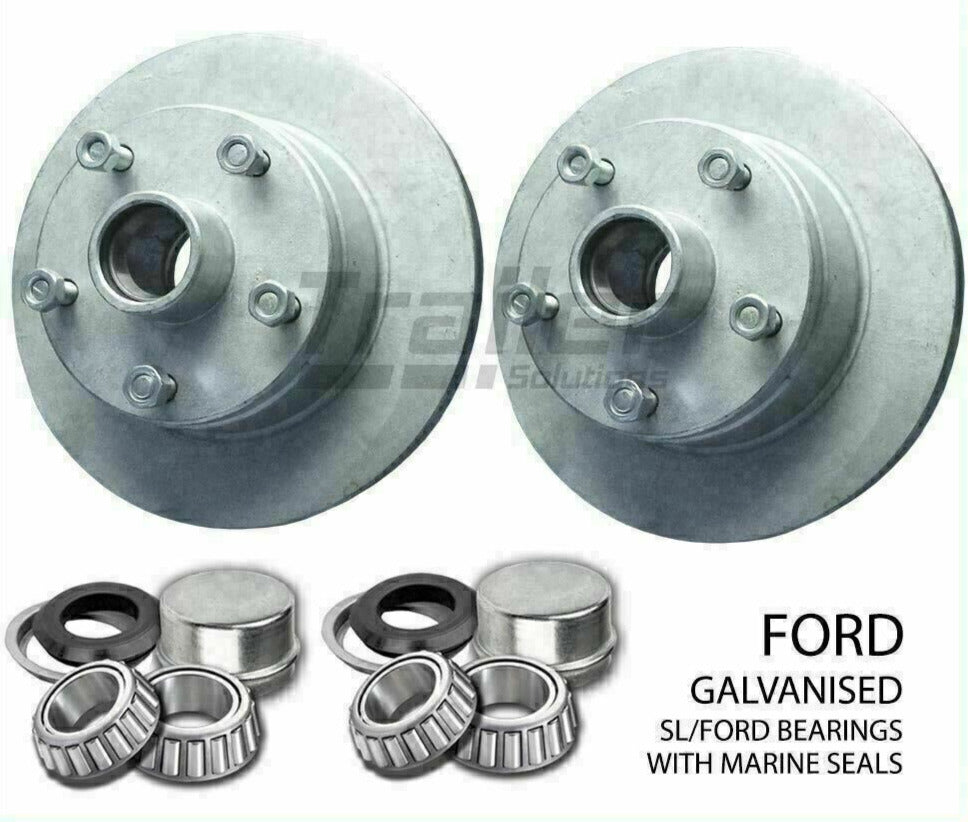 Pair Galvanised Trailer Disc Hubs with LM Bearings and Marine Seal For 5 Stud Ford