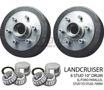 Pair 10 inch Hub Drums Suits Landcruiser 6 Stud with Parallel Bearings Trailer Boat