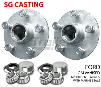 2X Galvanised Trailer 5 Stud Hubs With LM Bearings Marine Seals For Ford