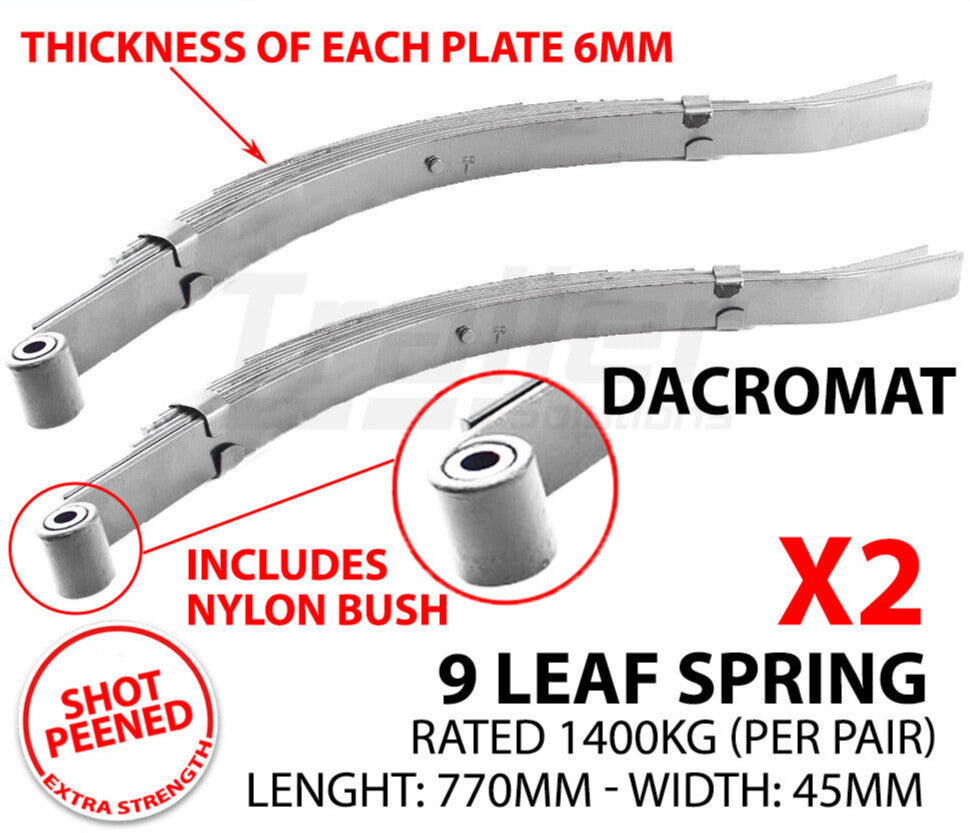 Leaf Spring 9 Leaf Eye To Slipper 45mm 1600Kg Dacromet Trailer Caravan Offroad