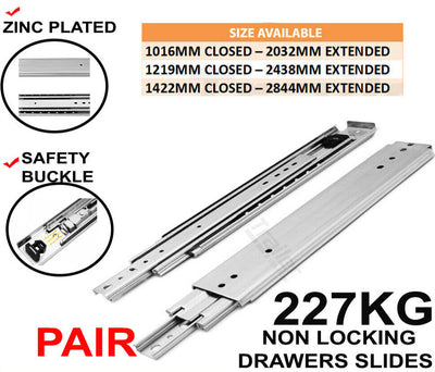 Heavy Duty 227Kg Non Locking Drawer Slides / Runners - Lengths 1016mm To 1422mm