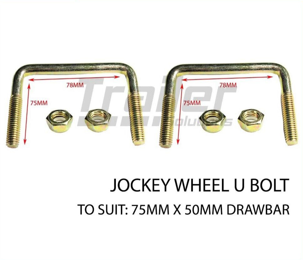 Jockey Wheel U Bolts 75mm Width 50mm Arm Long Square Draw Bar. Zinc Finish