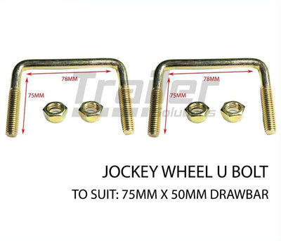 Jockey Wheel U Bolts 75mm Width 50mm Arm Long Square Draw Bar. Zinc Finish