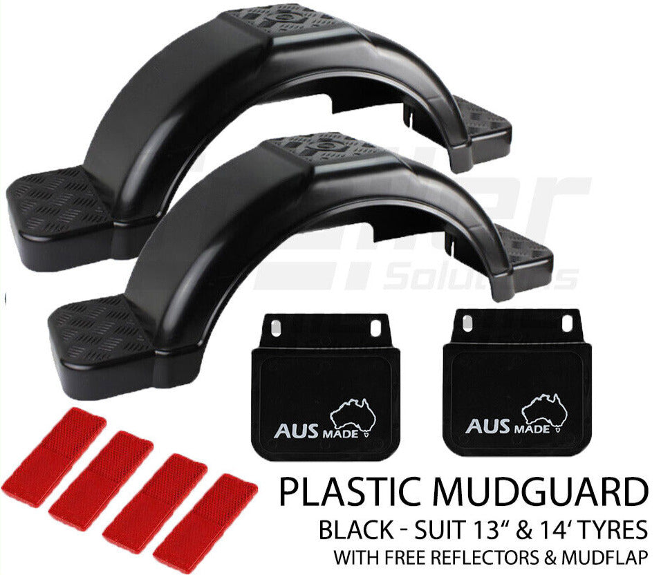 2X Black Plastic Trailer Mudguard With Mudflap 13 inch 14 inch Wheel - Australian Made