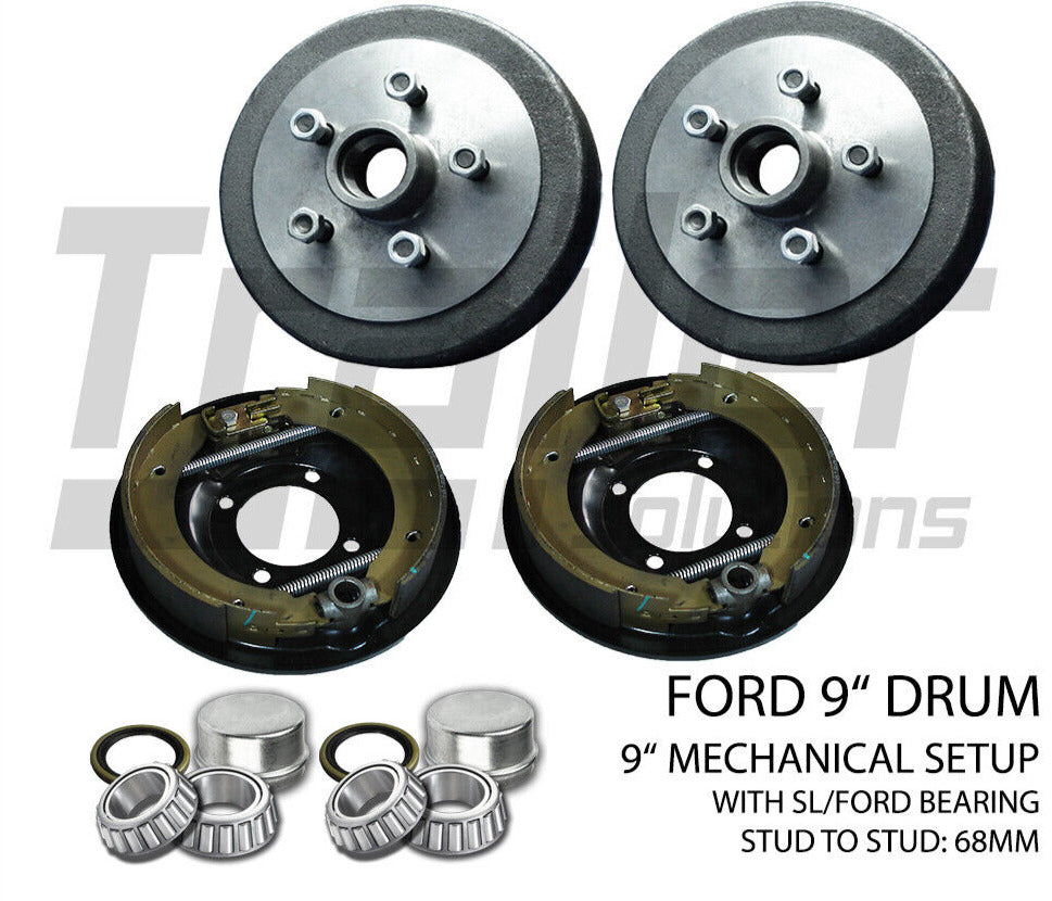 Pair Trailer 9 inch Mechanical Brake Kit Hub Drum With SL Bearing Suits 5 Stud Ford