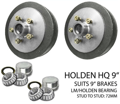 Pair 9 inch Hub Drums Suits Holden HQ With LM Bearings Suit Electric Hydraulic Setup, Trailer
