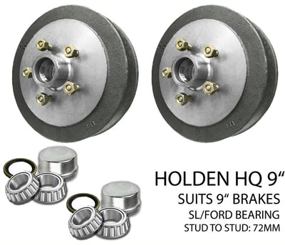 Pair  9 inch Hub Drum Suits Holden HQ SL Bearings Suit Electric Hydraulic Setup, Trailer