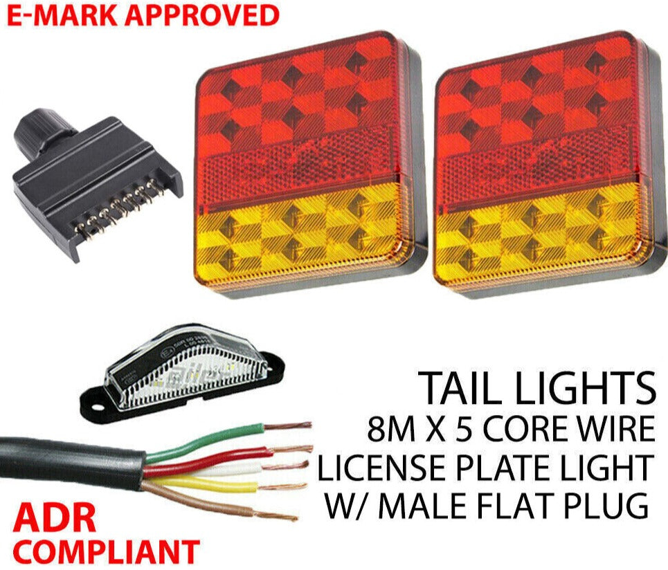 Pair of 12 Led Trailer Lights Kit, 1X Number Plate, Plug, 8M X 5 Core Cable 12V