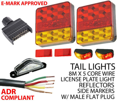 Pair of 12 Led Trailer Lights Kit - 1X Number Plate, Plug, 8M X 5 Core Cable 12V